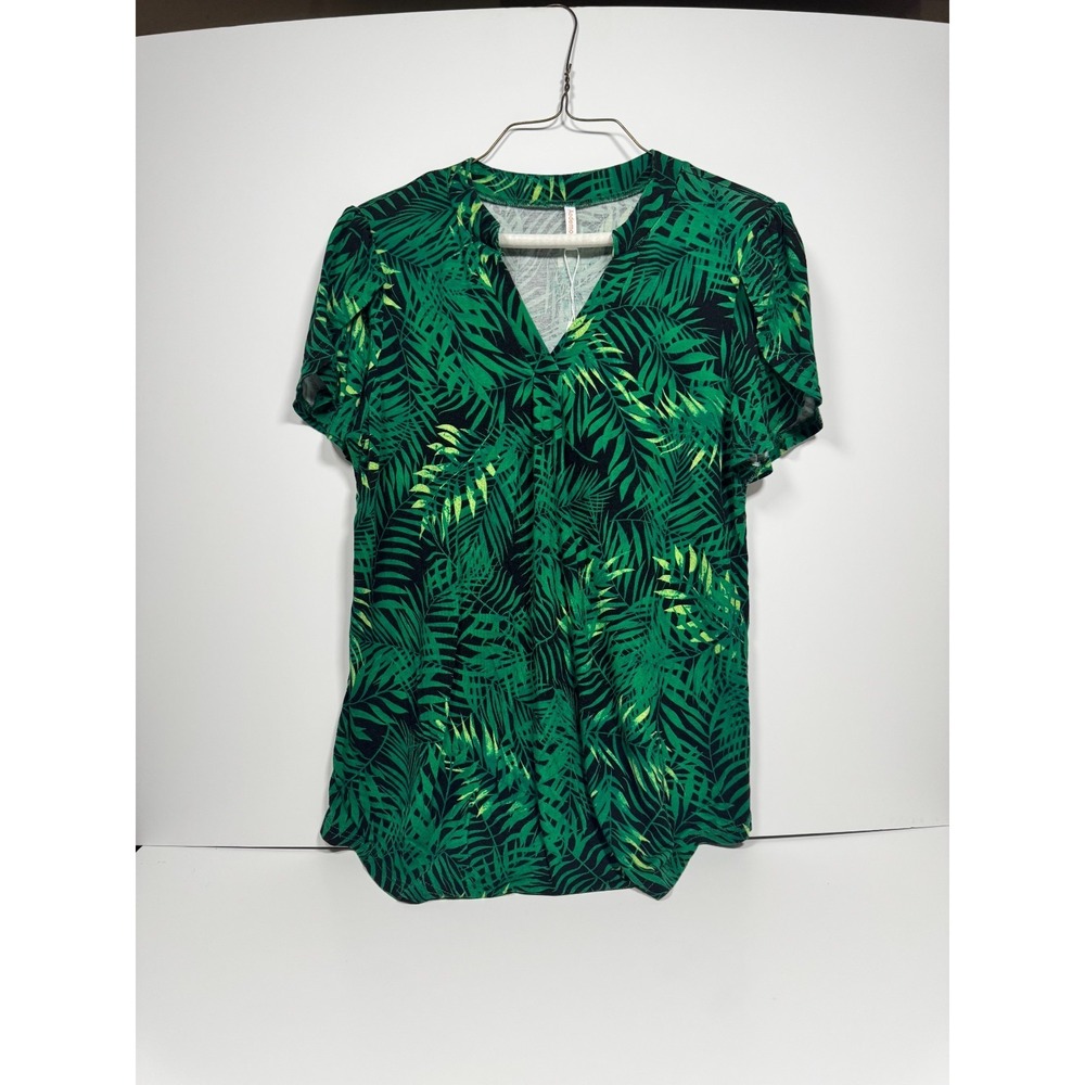 Aodemo Blouse Top Womens Large Green Black Tropical Leaf Print‎ V Neck Everyday